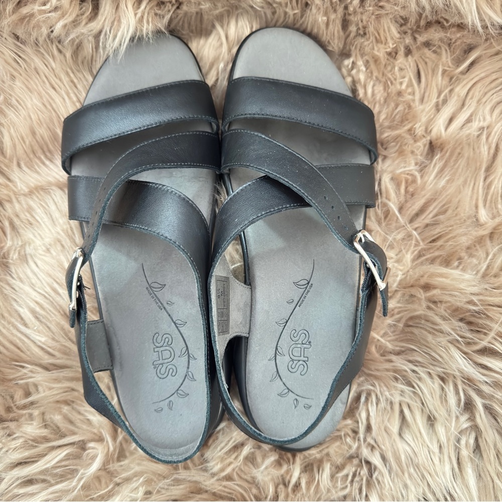 SAS Women's Laguna Sandals, black leather straps, ankle buckle, comfort, 9.5 - Picture 3 of 7